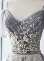 Light Grey Tulle A-line Straps Long Prom Dresses Evening Dress