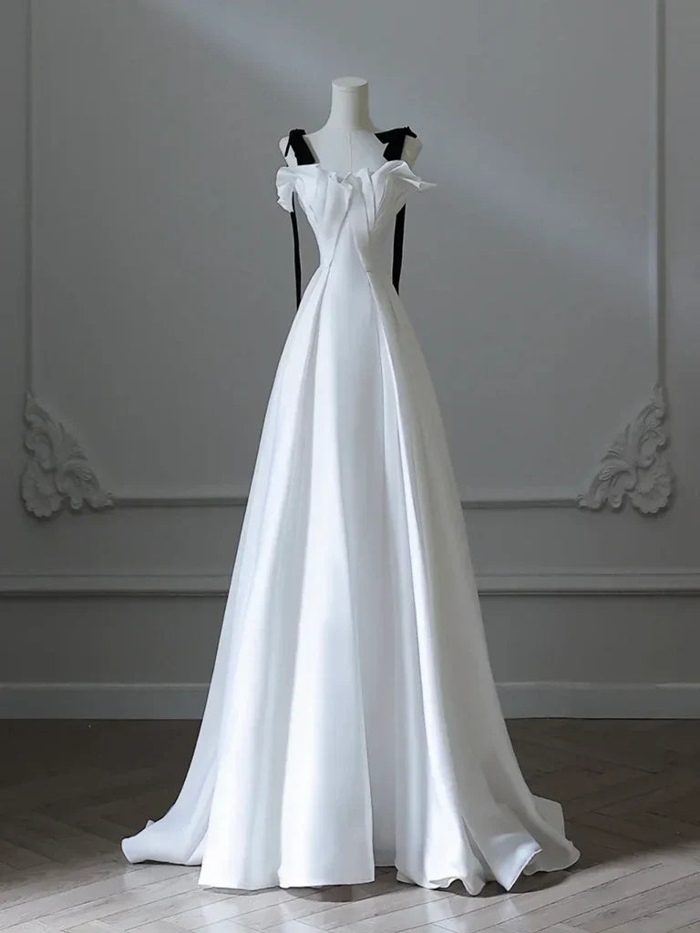 A-Line Satin White Long Prom Dress Formal Dress with Sweep Train