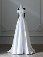 A-Line Satin White Long Prom Dress Formal Dress with Sweep Train