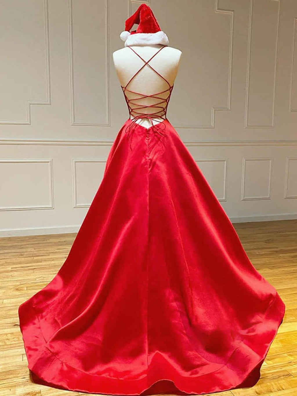 Satin A Line V Neck Long Prom Dress