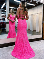 V Neck Pink Glitter Backless Mermaid Bodycon Long Prom Dress