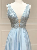 A Line Plunge V Neck Lace Chiffon Prom Dress
