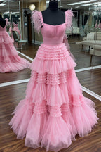 A-line Spaghetti Straps Glitter Tulle Prom Dress with Slit