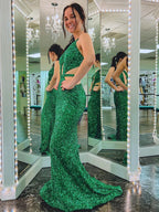 Cutout Mermaid Green Backless Long Prom Dress