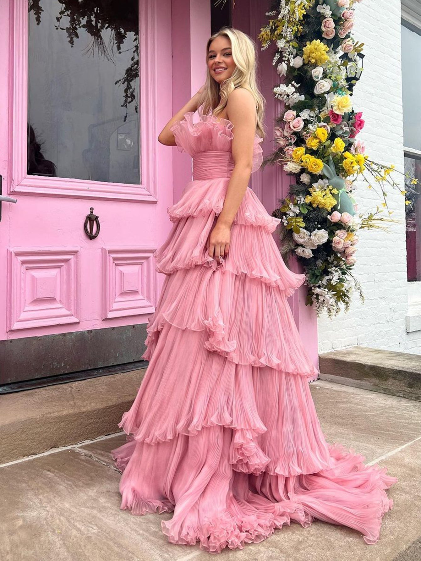 Strapless A-Line Tiered Crinkled Tulle Prom Dress