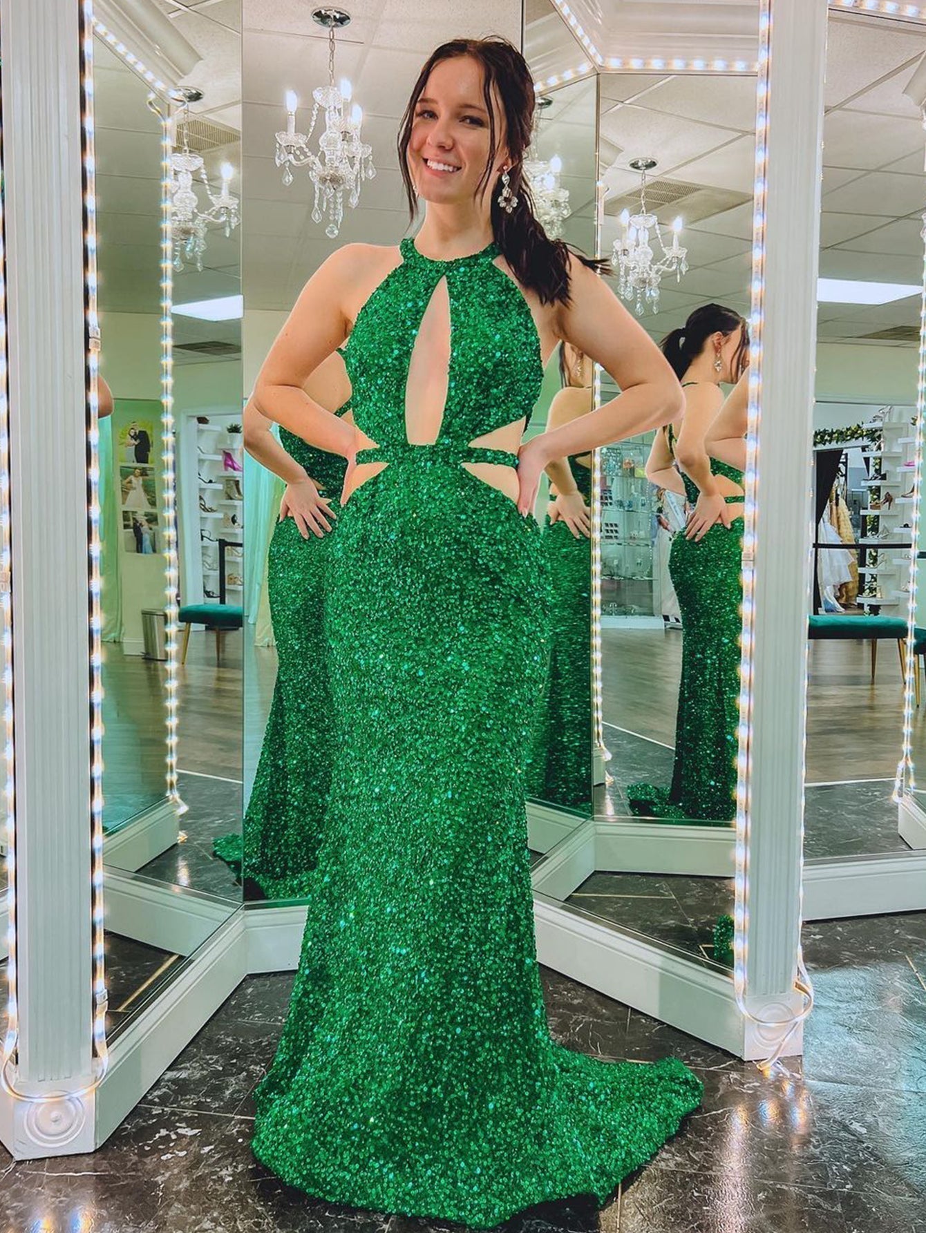 Cutout Mermaid Green Backless Long Prom Dress