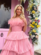 Vanessa |Pink Strapless A-Line Tiered Crinkled Tulle Prom Dress