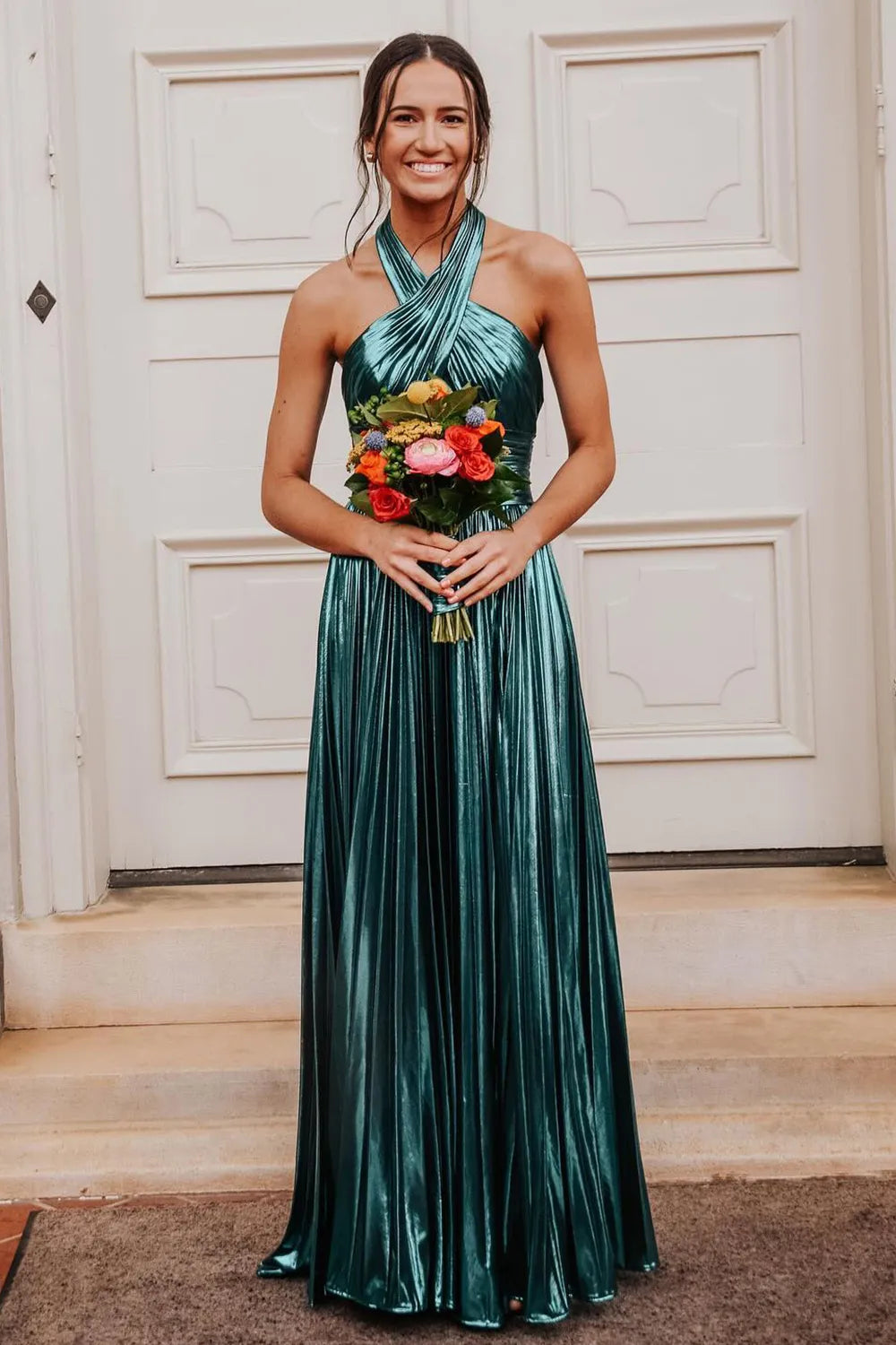Metallic Blush Halter Neck A-Line Pleated Long Prom Dress with Slit