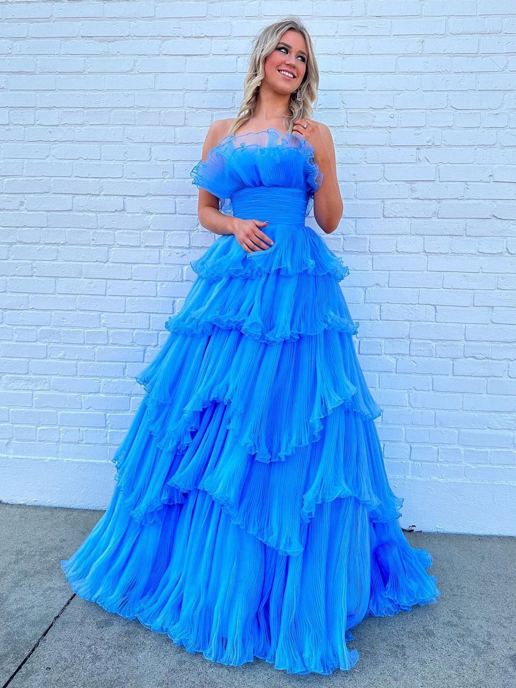 Strapless A-Line Tiered Crinkled Tulle Prom Dress