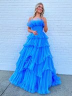 Strapless A-Line Tiered Crinkled Tulle Prom Dress