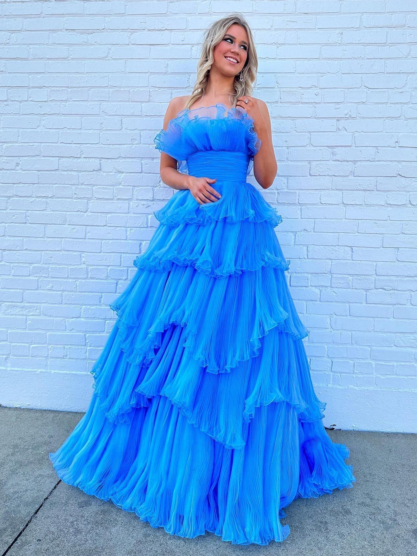 Strapless A-Line Tiered Crinkled Tulle Prom Dress
