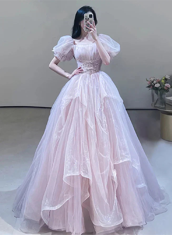 A-Line Princess Off Shoulder Tulle Beaded Sweetheart Bubble Sleeved Ballgown Evening Dress Prom Dress