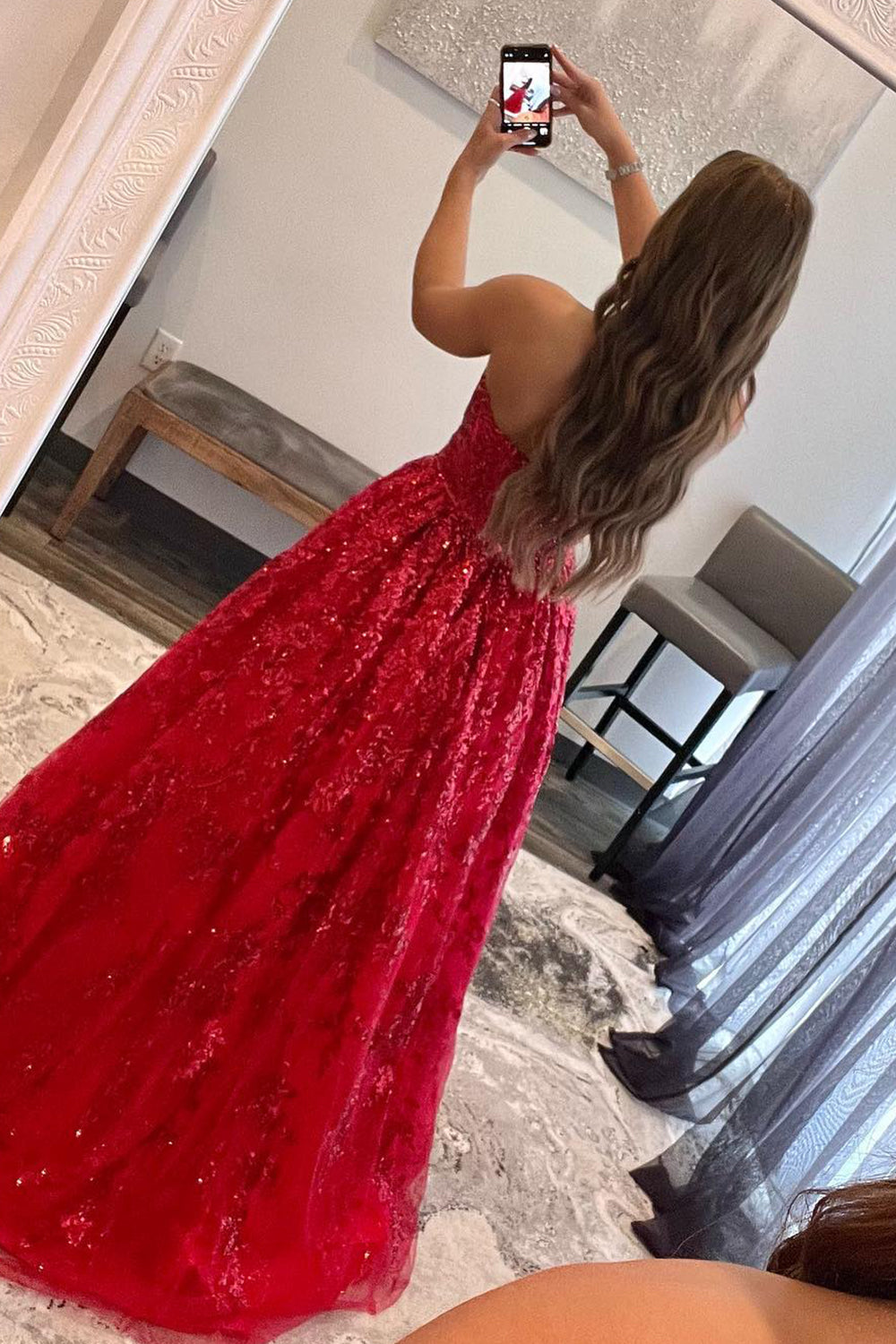 A Line Strapless Red Long Prom Dress