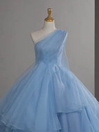 Ball Gown One Shoulder Tulle Blue Ruffle Tiered Long Prom Dress Evening Dress