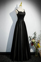 A-line Black Satin Straps Long Formal Dress Simple Prom Dress