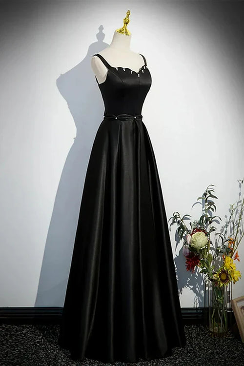 A-line Black Satin Straps Long Formal Dress Simple Prom Dress