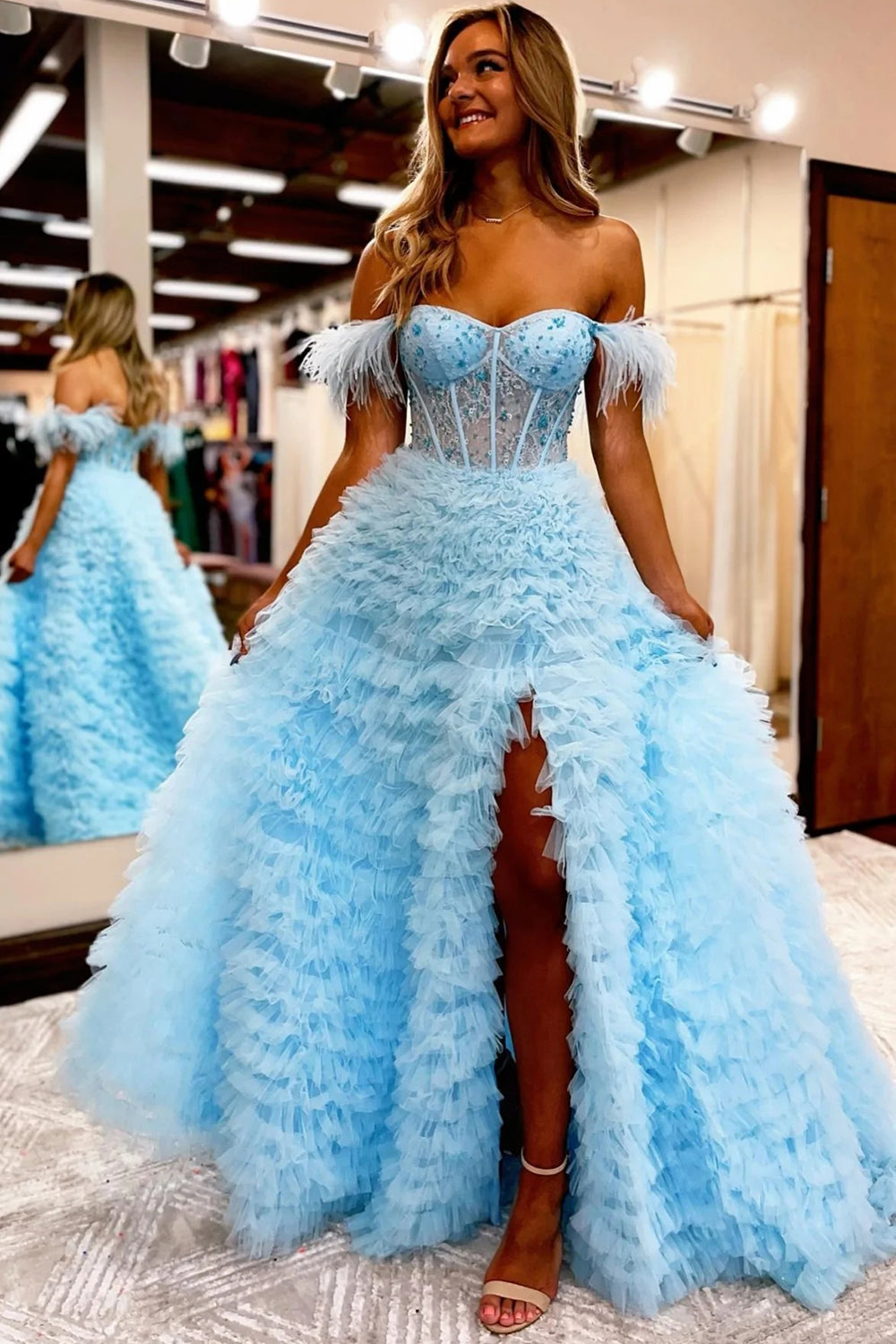 Princess A Line Off the Shoulder Purple Long Prom Dress with Feather