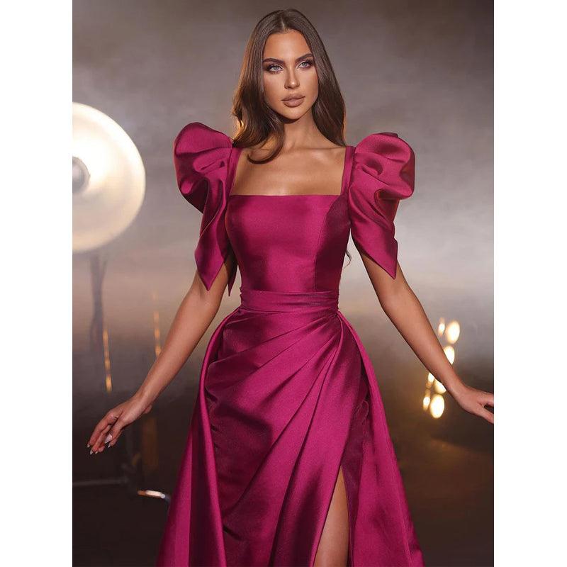 Unique Square Neckline Short Sleeves Satin Pleats Mermaid Formal Party Dress with Slit