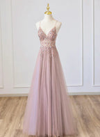 V-neckline Beaded Spaghetti Strap Floor Length Party Dress Long Formal Dress
