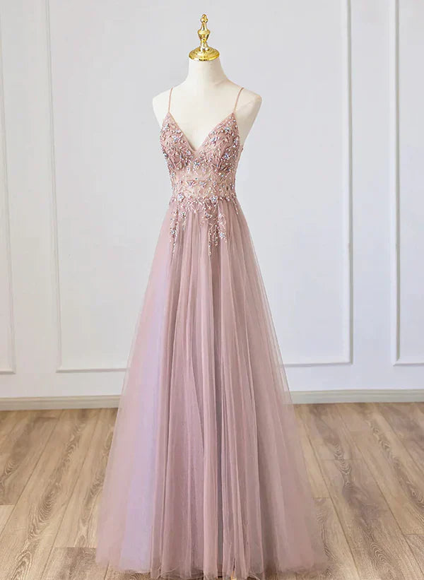 V-neckline Beaded Spaghetti Strap Floor Length Party Dress Long Formal Dress