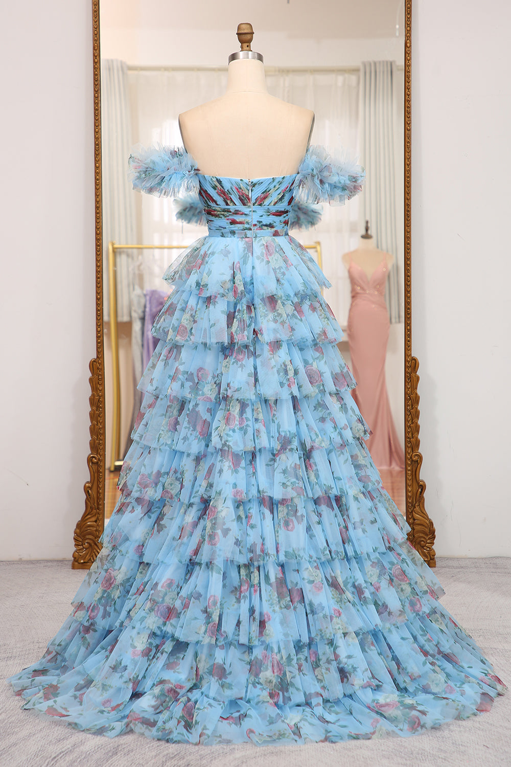 Charming A Line Off the Shoulder Blue Printed Long Prom Dress with Ruffles