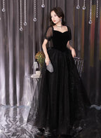 A-line Glitter Tulle and Velvet Bubble Sleeved Ballgown Prom Dress Evening Dress