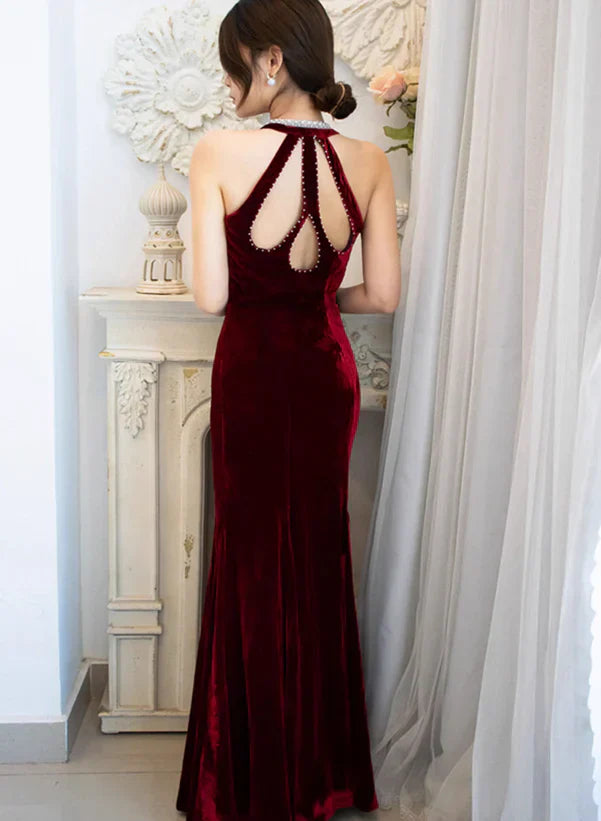 Wine Velvet Deep V-Neck Mermaid Beaded Long Party Dress Prom Dress
