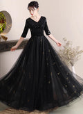 A-line V-Neck Sequins and Tulle Long Formal Dress Wedding Party Dress