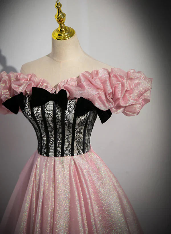 Elegant A-line Off Shoulder Long Evening Dress Pink with Black Lace Long Prom Dress
