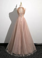 A-Line Princess Lovely Pearl Halter Tulle With Lace Applique Party Dress Tulle Long Prom Dress