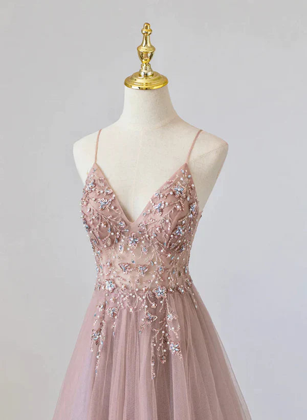 V-neckline Beaded Spaghetti Strap Floor Length Party Dress Long Formal Dress