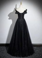 Glitter Off Shoulder A-line Tulle With Lace Party Dress Long Prom Dress