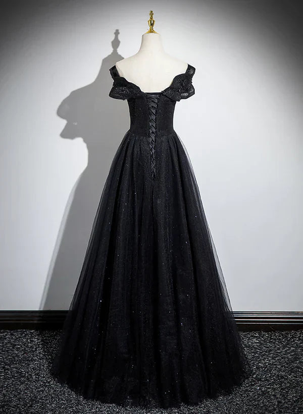 Glitter Off Shoulder A-line Tulle With Lace Party Dress Long Prom Dress