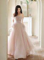A-Line Princess Off Shoulder Tulle Long Formal Off Shoulder Pink Long Prom Dress