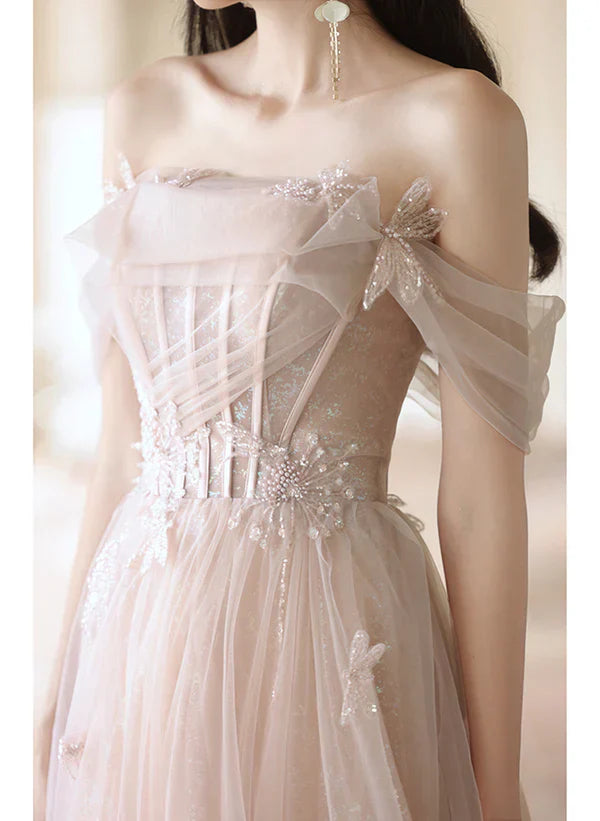 A-Line Princess Off Shoulder Tulle Long Formal Off Shoulder Pink Long Prom Dress