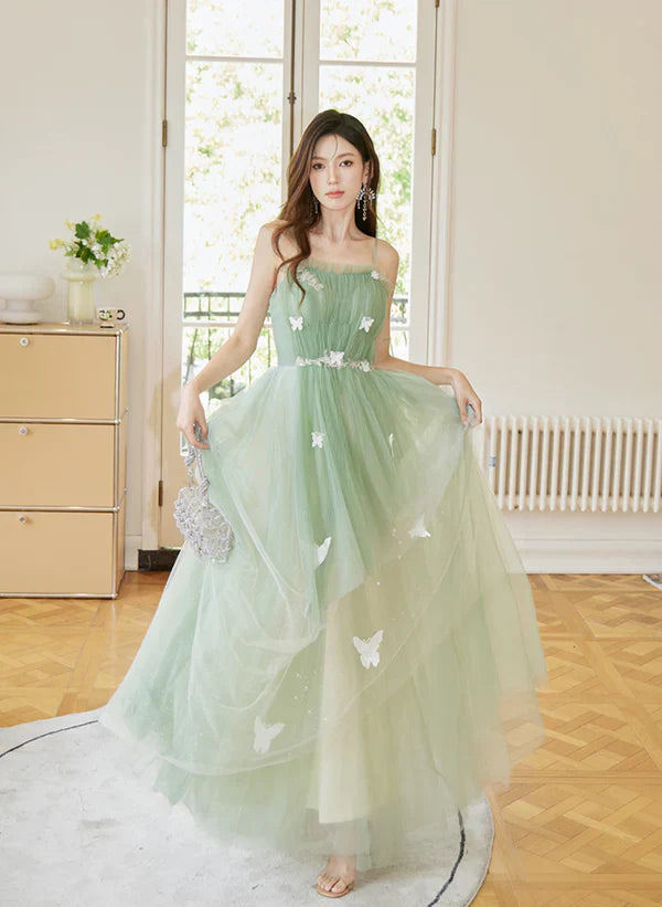 Tulle Spaghetti Strap Long Prom  A-line Party Dress