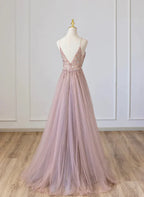 V-neckline Beaded Spaghetti Strap Floor Length Party Dress Long Formal Dress