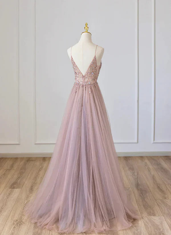 V-neckline Beaded Spaghetti Strap Floor Length Party Dress Long Formal Dress