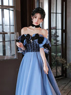 Satin Off Shoulder Black Lace Long Party Dress A-line Blue Prom Dress Evening Dress