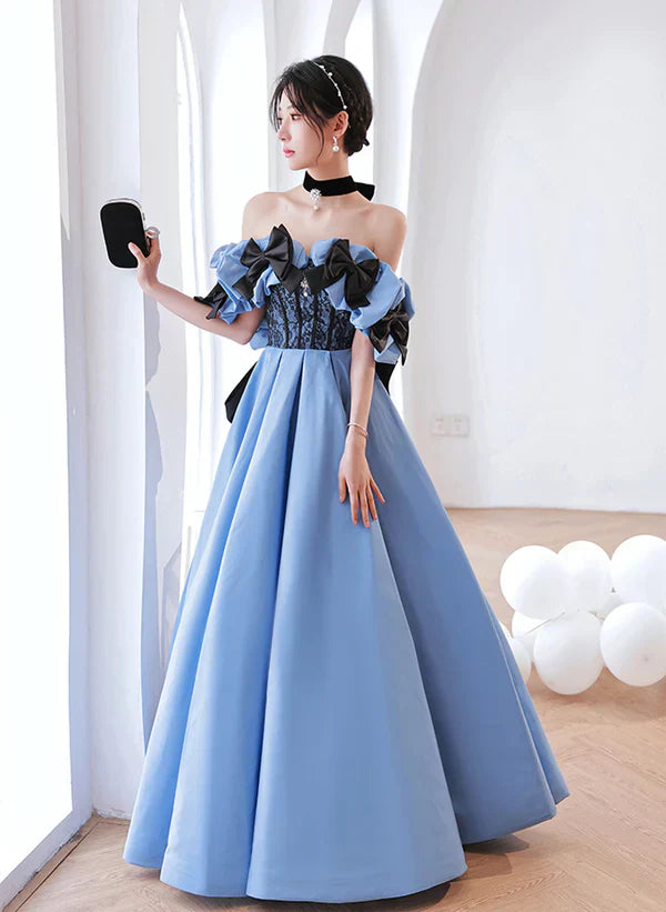 Satin Off Shoulder Black Lace Long Party Dress A-line Blue Prom Dress Evening Dress