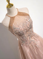 A-Line Princess Lovely Pearl Halter Tulle With Lace Applique Party Dress Tulle Long Prom Dress