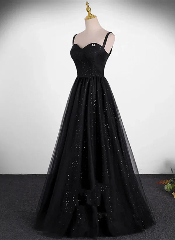 Sequins/Sparkling A-line Tulle Straps Simple Long Prom Dress Evening Dress