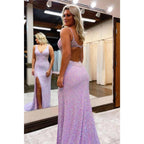 Sexy V-neck Beads High Split Sparkly Prom Dress with Slit