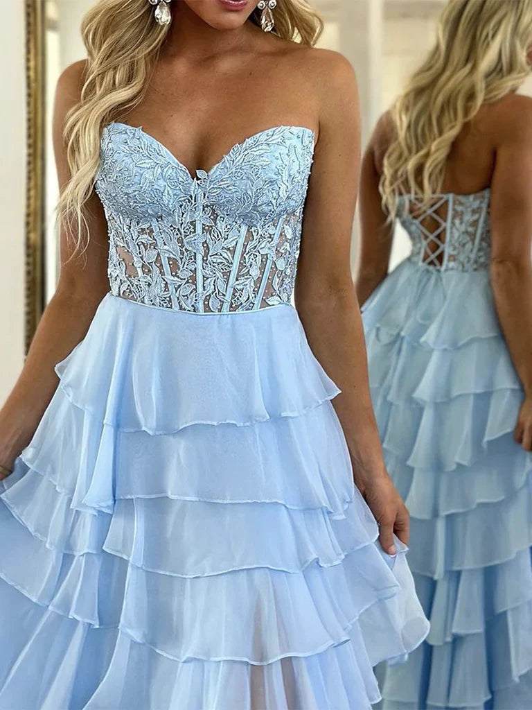 A-Line Sweetheart Neck Lace Chiffon Long Prom Dress