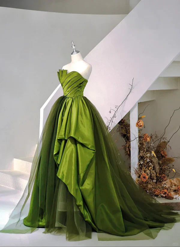 A-Line Princess Ballgown Satin and Tulle Sweetheart Long Party Dress Prom Dress