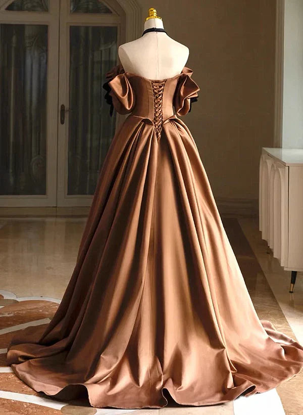 A-line Ballgown Satin Off Shoulder Scoop Long Prom Dress Evening Dress