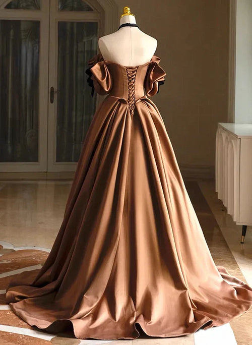 A-line Ballgown Satin Off Shoulder Scoop Long Prom Dress Evening Dress