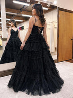 A-Line Deep V Neck Tiered Long Glitter Tulle Prom Dress
