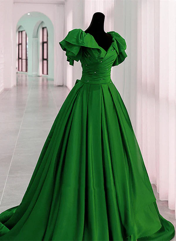 Satin Off Shoulder Long Party Dress A-line Green Prom Dress Ballgown