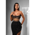 Sheath Strapless Beads Long Black Prom Forma Dress